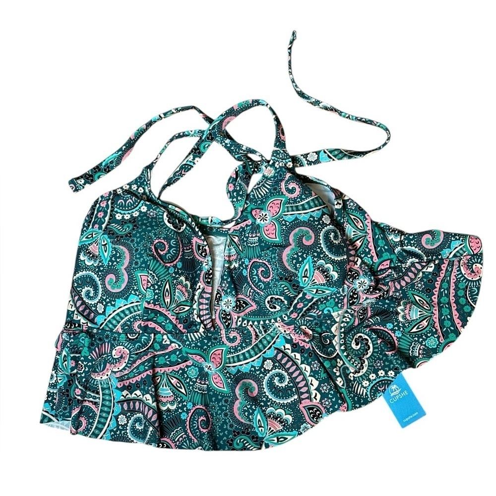 NWT Cupshe Colorful Paisley Halter ruffle Bikini Top adjustable straps Top only